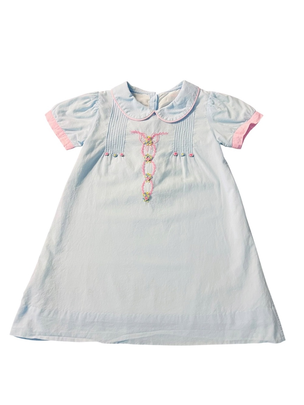 Cecil and Lou Pastel Blue Girls' Dress with Pink Trim and Embroidery
